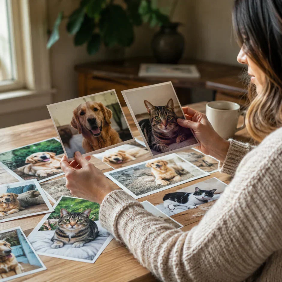 best photos for a custom pet portrait being selected from meaningful pet memories