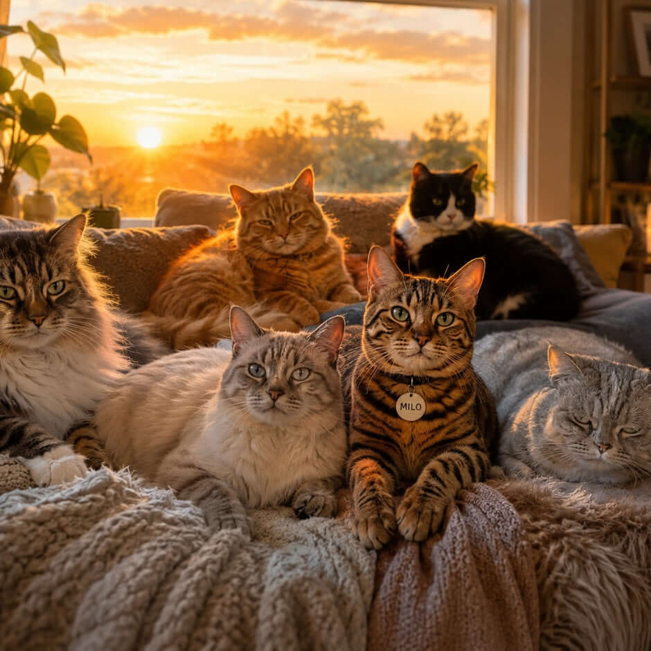 cat names for every personality and breed in a cozy multi-cat home scene