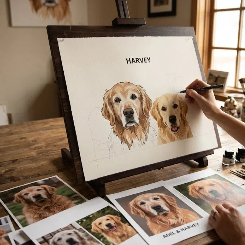 Professional pet portrait artist creating a hand-drawn custom pet portrait from reference photos