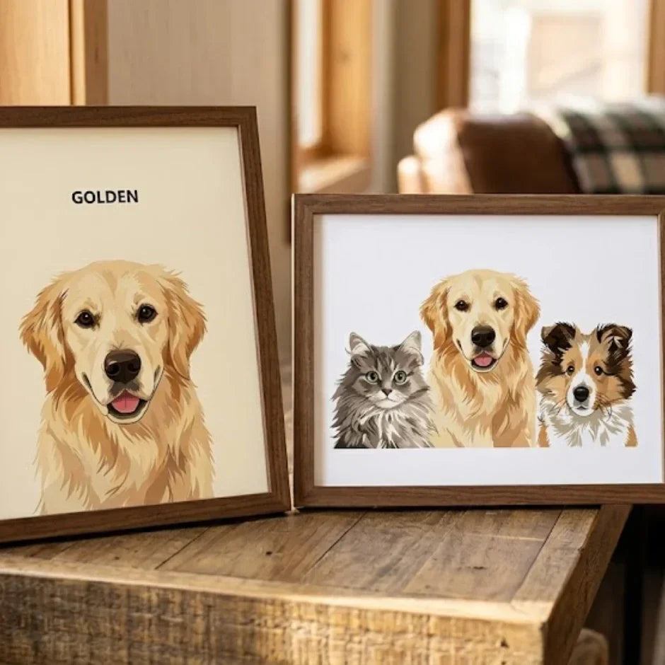 Single pet vs multiple pet portraits displayed together in a warm family home