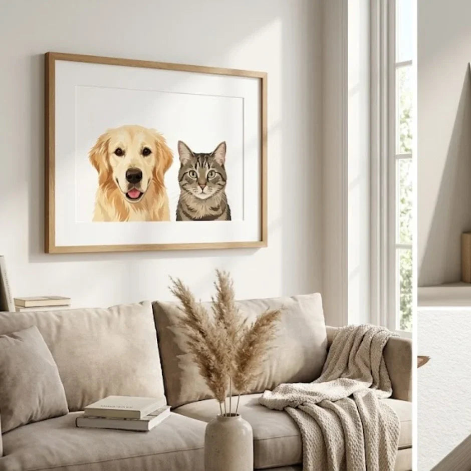 Hand-drawn pet portrait artist creating artwork before framing