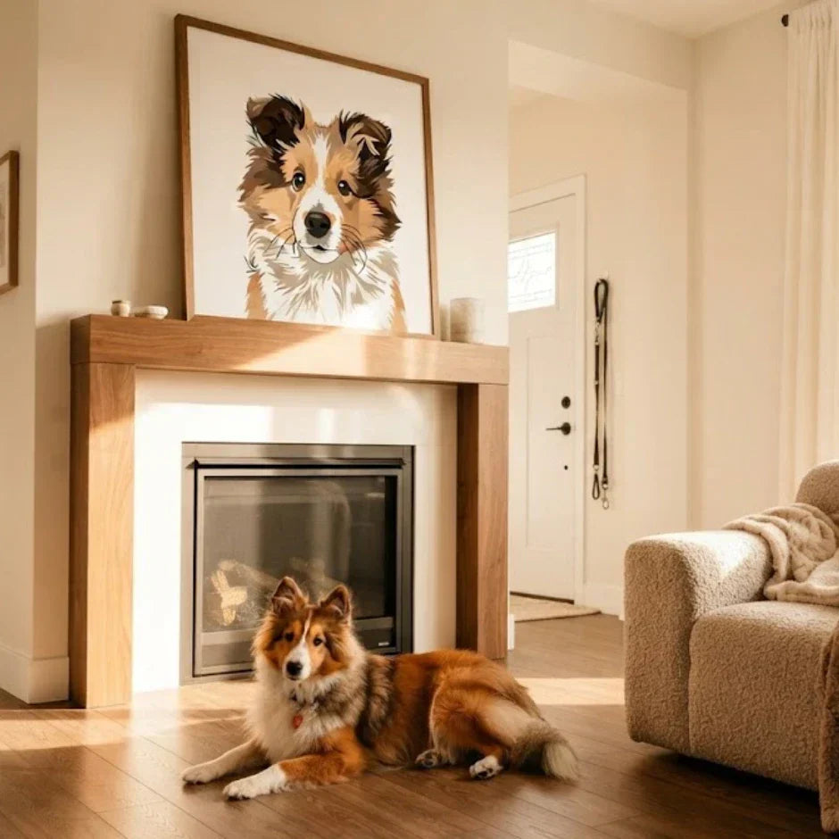 Hand-drawn custom pet portrait displayed in a living room with a solid wood frame, showing how to display a pet portrait at home naturally.