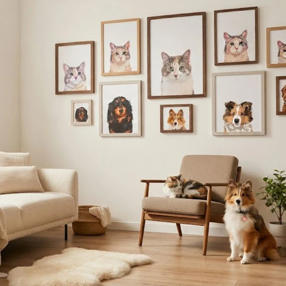 Hand-drawn pet portrait gallery wall ideas displayed in a modern living room with custom pet portraits.