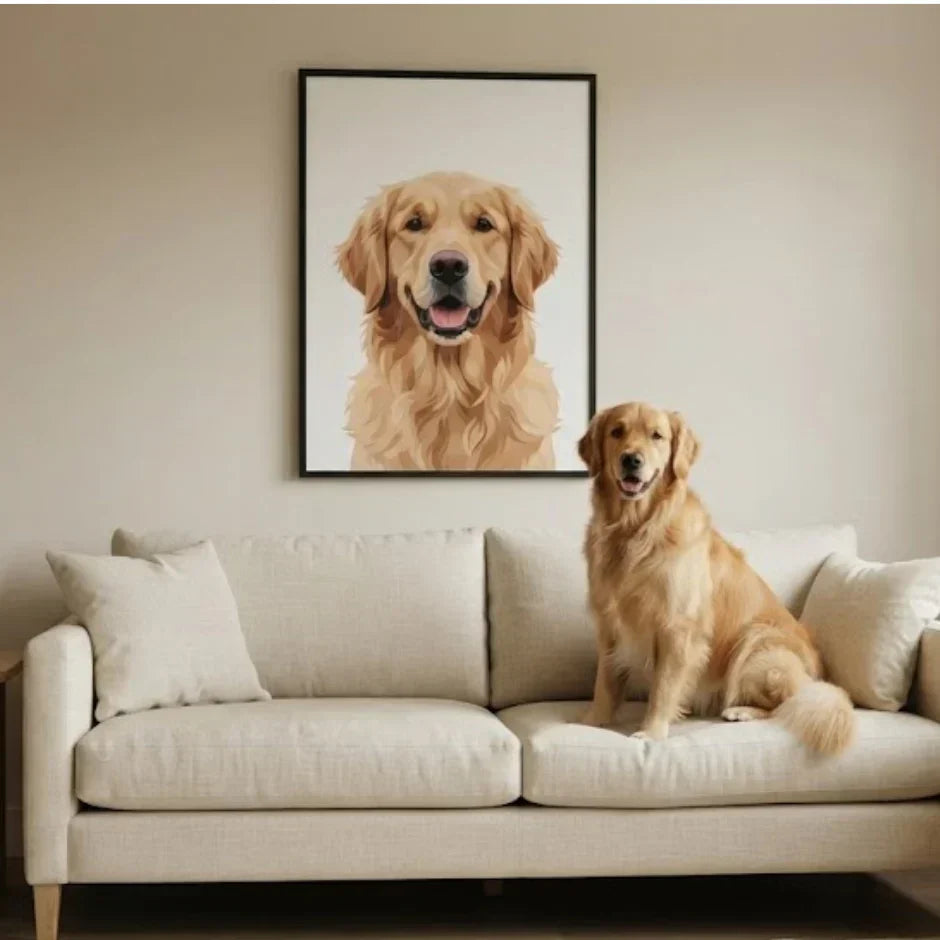 Modern pet portrait ideas for home decor in a warm contemporary living room