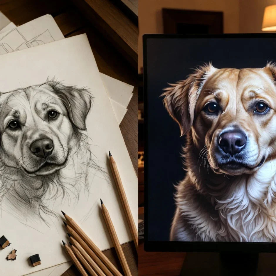 Hand drawn pet portrait vs AI art comparison showing the difference between handmade pet artwork and AI-generated pet images