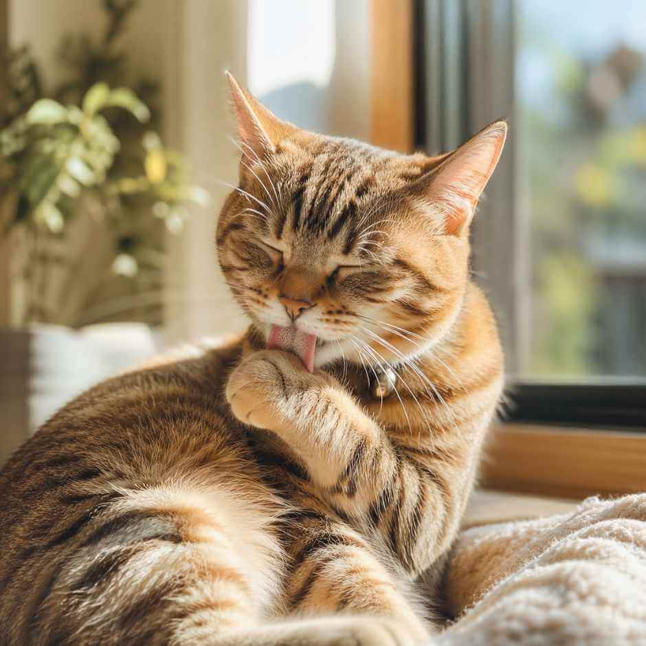 cat grooming itself calmly at home, normal grooming behavior in cats
