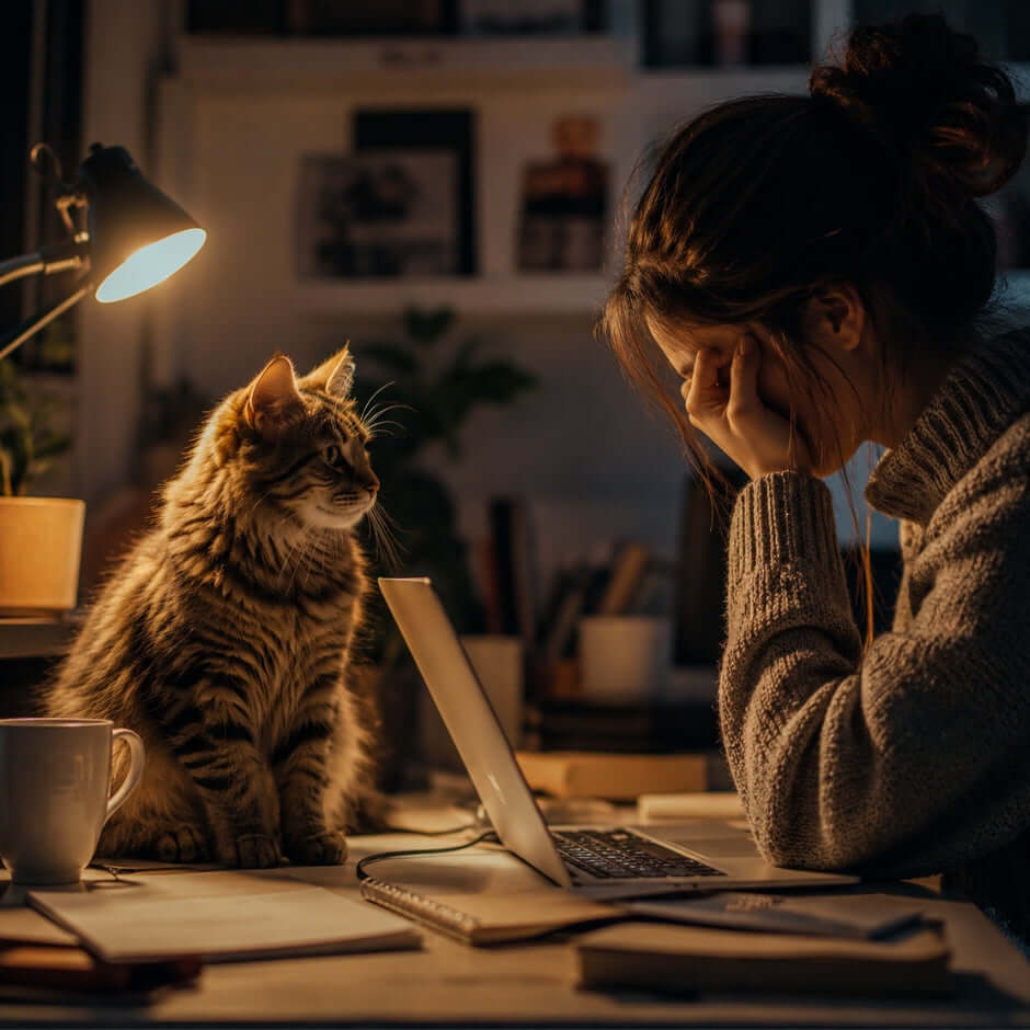 cat quietly sensing owner’s mood beside laptop during late-night routine