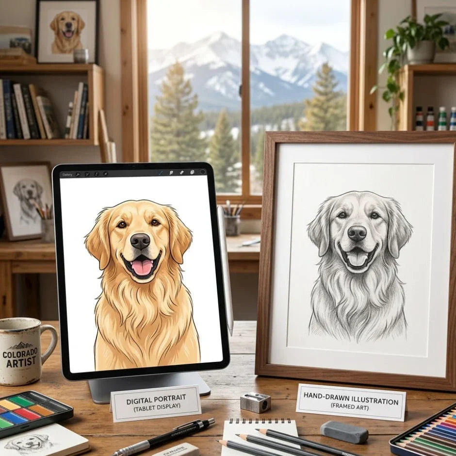 Digital pet portrait vs hand drawn pet portrait comparison showing the same dog transformed through two different artistic approaches