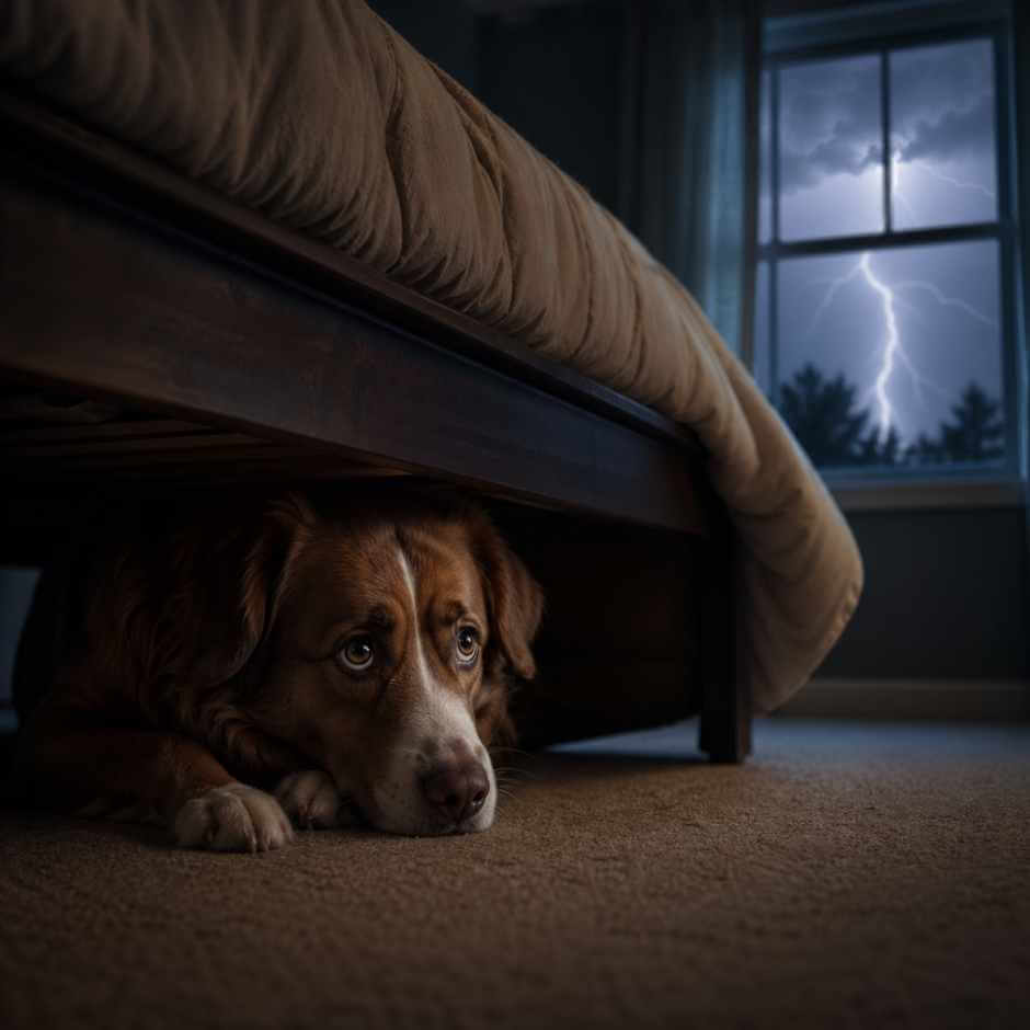 dog scared of thunder hiding indoors during a storm, showing anxiety behavior