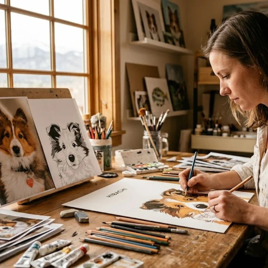 hand-drawn custom pet portrait created by a real artist from pet photos