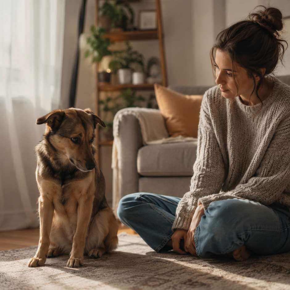 dog acting scared of owner while owner calmly rebuilds trust at home
