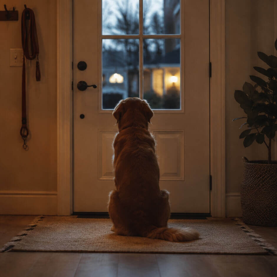dog waiting by the door for owner at home everyday routine