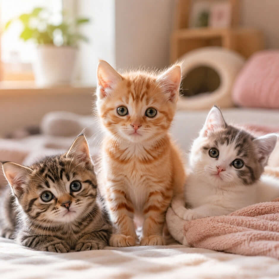 Cute female kitten representing girl cat names, sitting on a blanket with playful expression