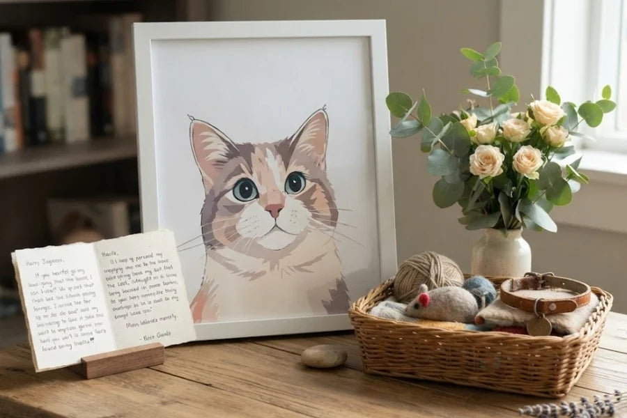 Creating a pet memory corner at home with a custom pet portrait and meaningful keepsakes