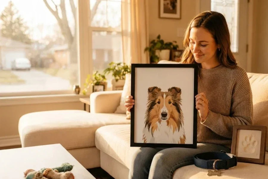 pet remembrance gift ideas featuring a custom pet portrait and personalized keepsakes