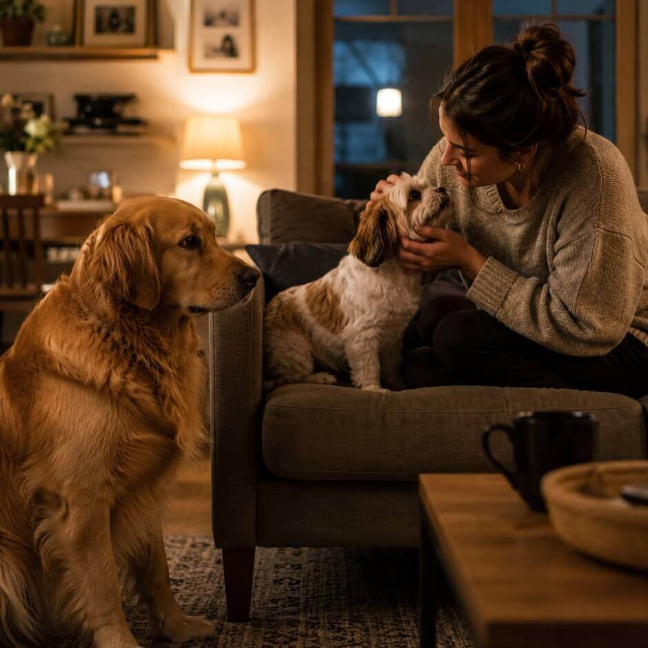 jealous dog watching owner give attention to another pet in a cozy home