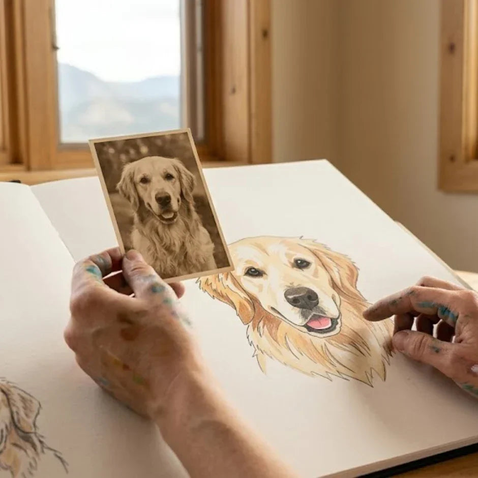 Hand-drawn pet portrait created from an old photo of a beloved dog