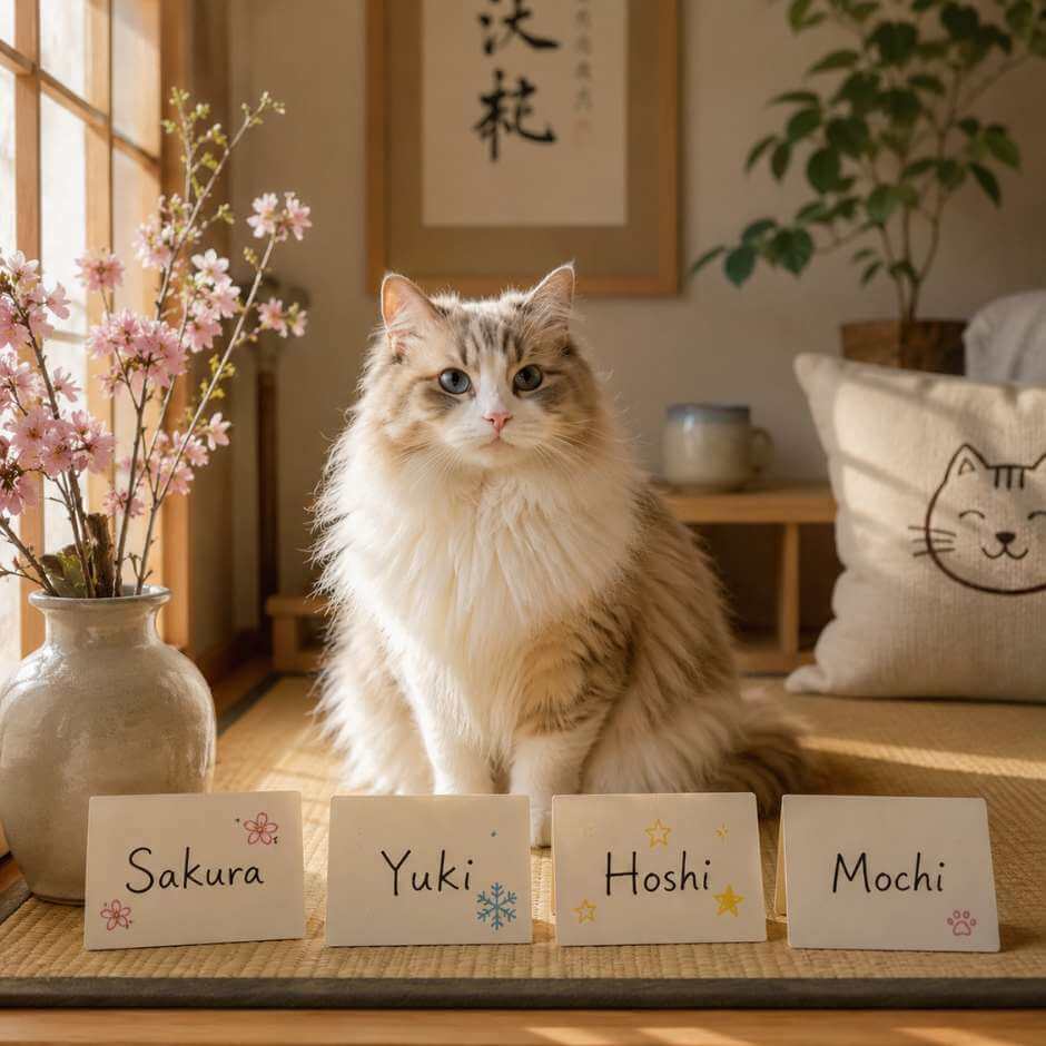 cute Japanese cat names displayed beside fluffy house cat in cozy home