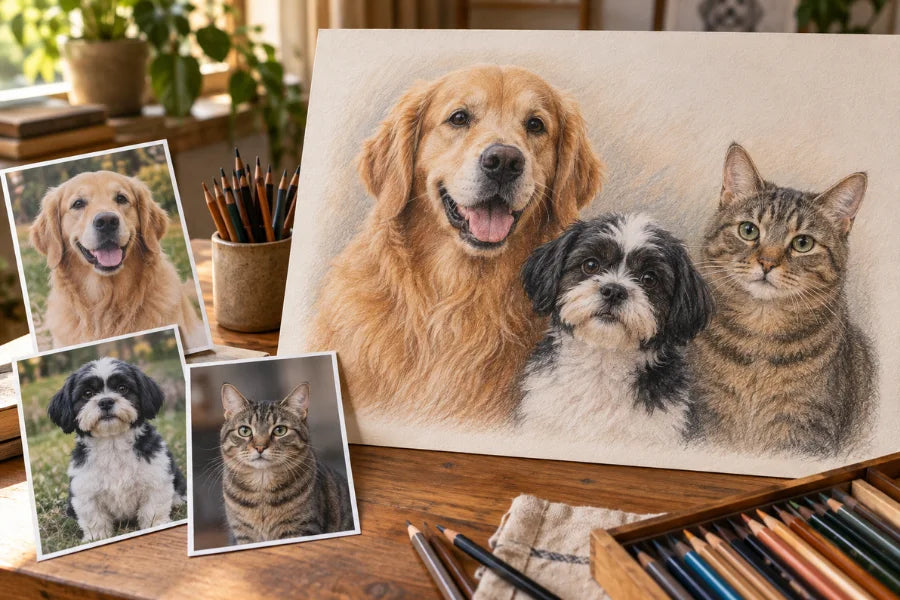 Multiple pets combined from separate photos into one custom pet portrait