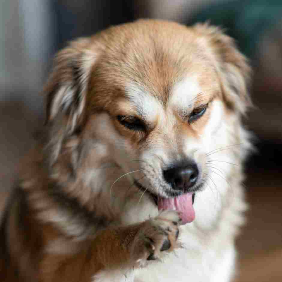 dog licking its paws at home close up showing natural behavior