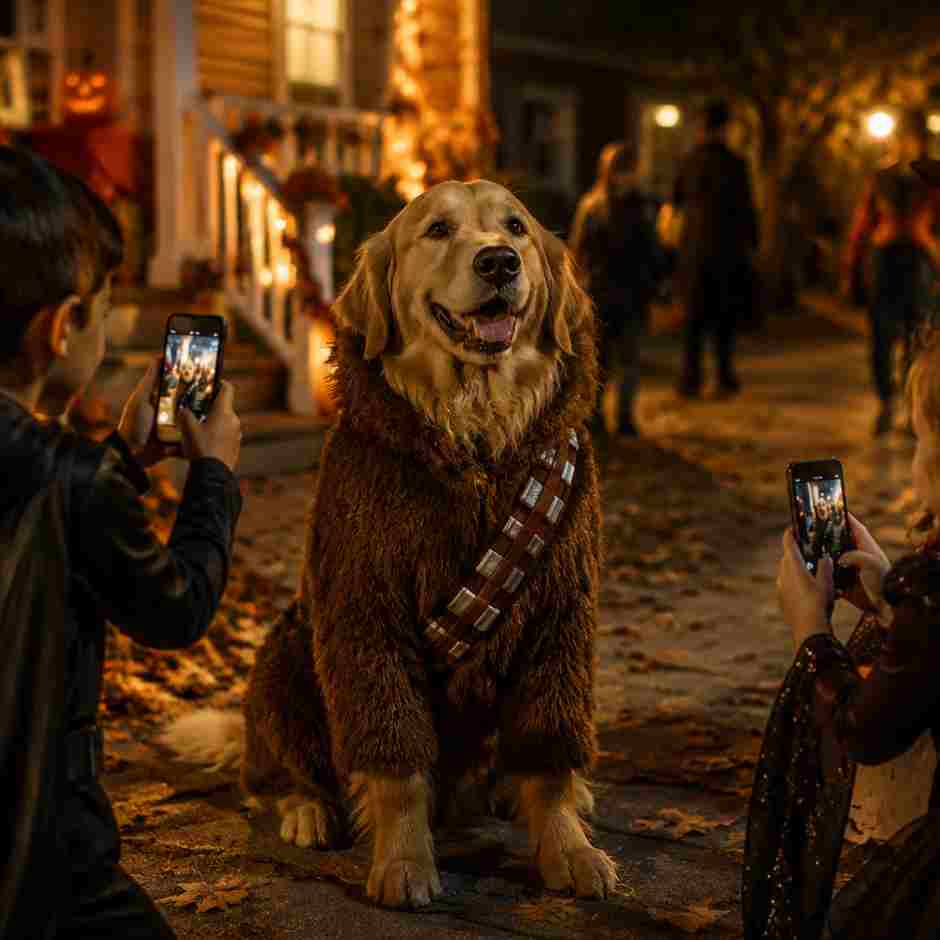Golden Retriever wearing a Chewbacca Star Wars dog costume during Halloween