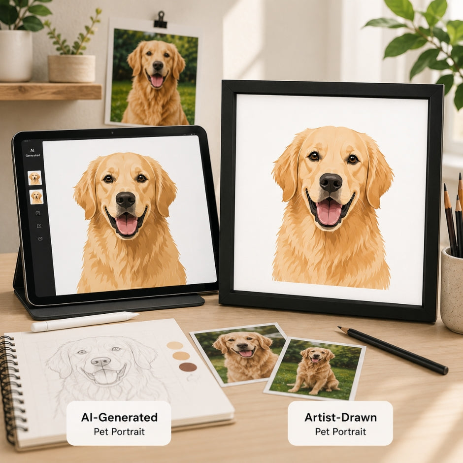 digital pet portrait vs hand drawn pet portrait comparison featuring the same golden retriever
