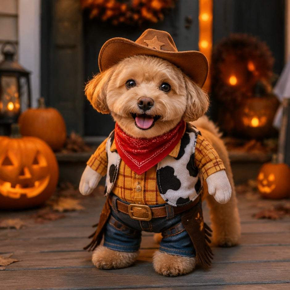 Funny dog wearing a creative Halloween costume, ready for trick-or-treat, adorable and humorous outfit