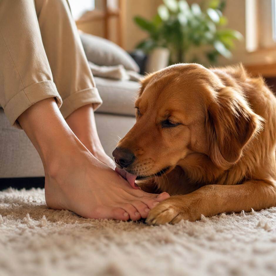 dog licking feet at home showing emotional bond between dog and owner in a cozy living room scene