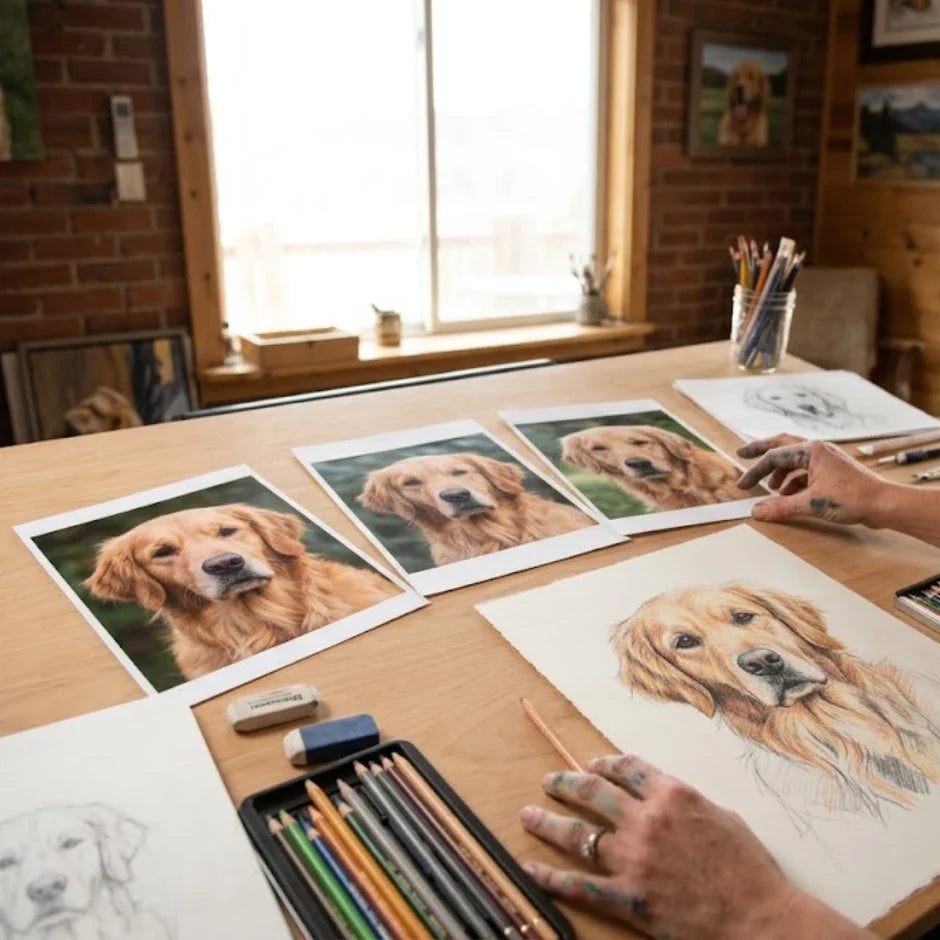 Artist combining multiple photos into one custom pet portrait during the hand-drawn design process