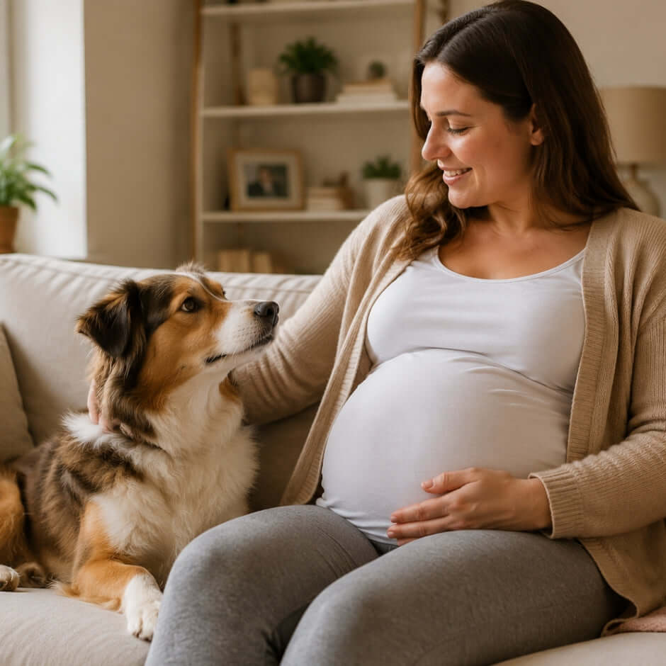Dog noticing pregnancy while staying beside pregnant owner in cozy home