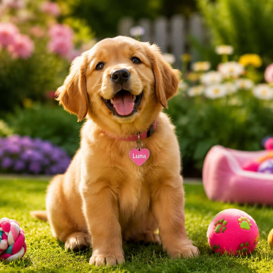 Female puppy sitting in garden, playful scene for girl dog names 2026 guide