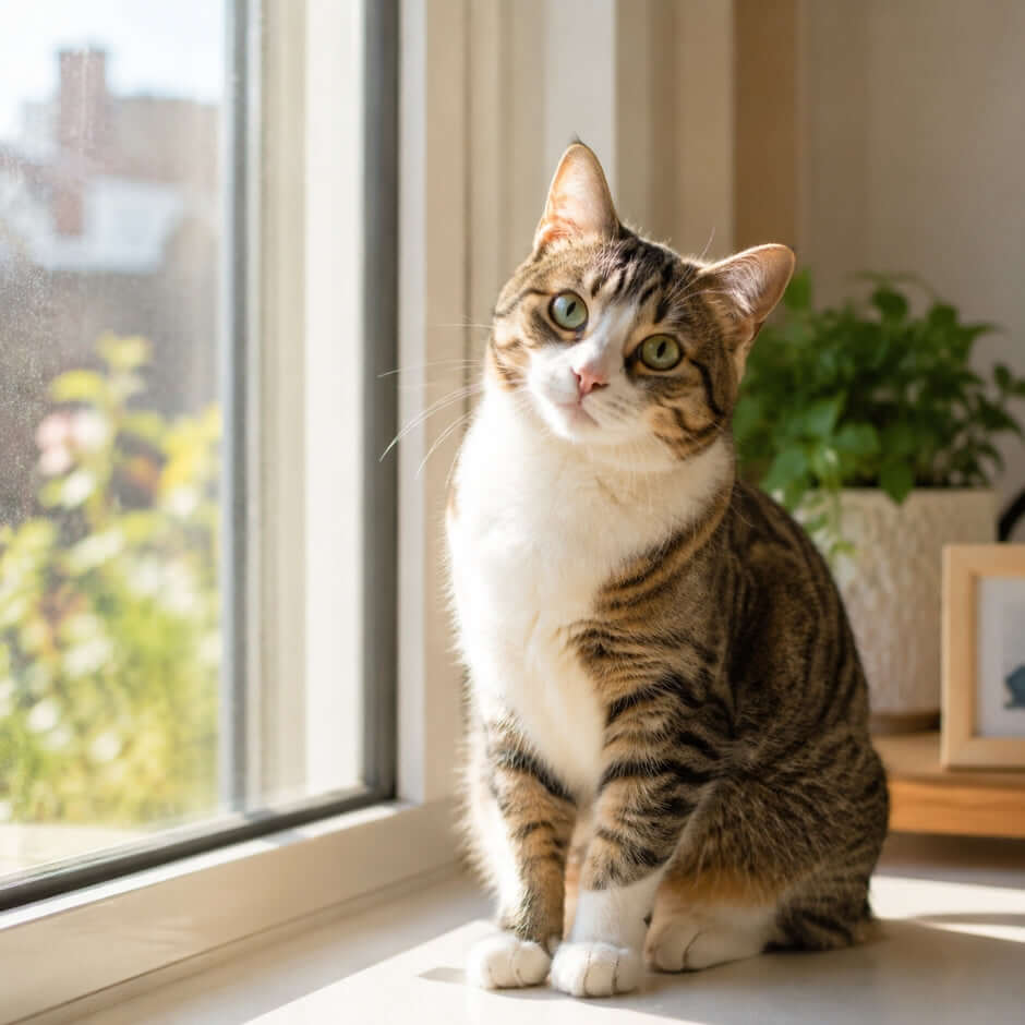 Domestic cat sitting on a sunlit windowsill, showcasing curiosity and personality