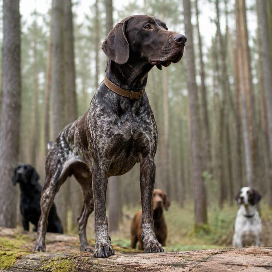 Female hunting dog alpha dog standing in forest, pack leader inspiration