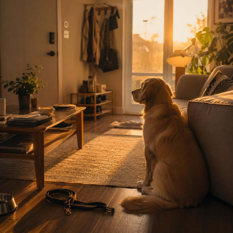 dog waiting at home showing how pets improve mental health through routine and companionship