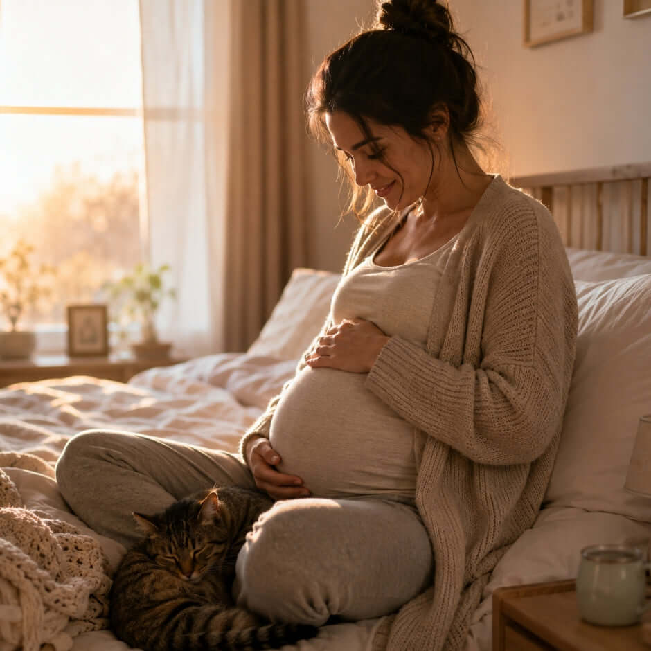 cat sensing pregnancy while sitting beside pregnant owner in a quiet morning routine