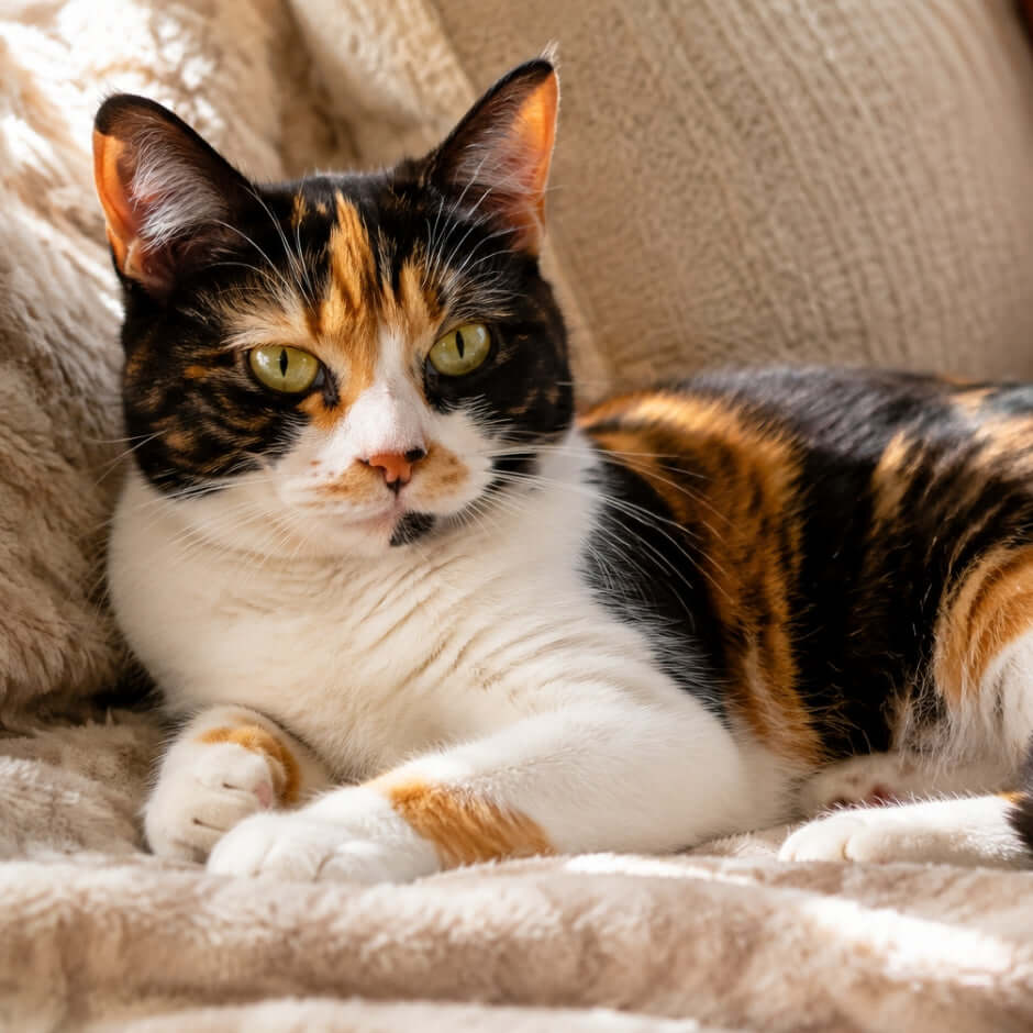Calico cat lying on cozy blanket showing colorful fur and playful personality