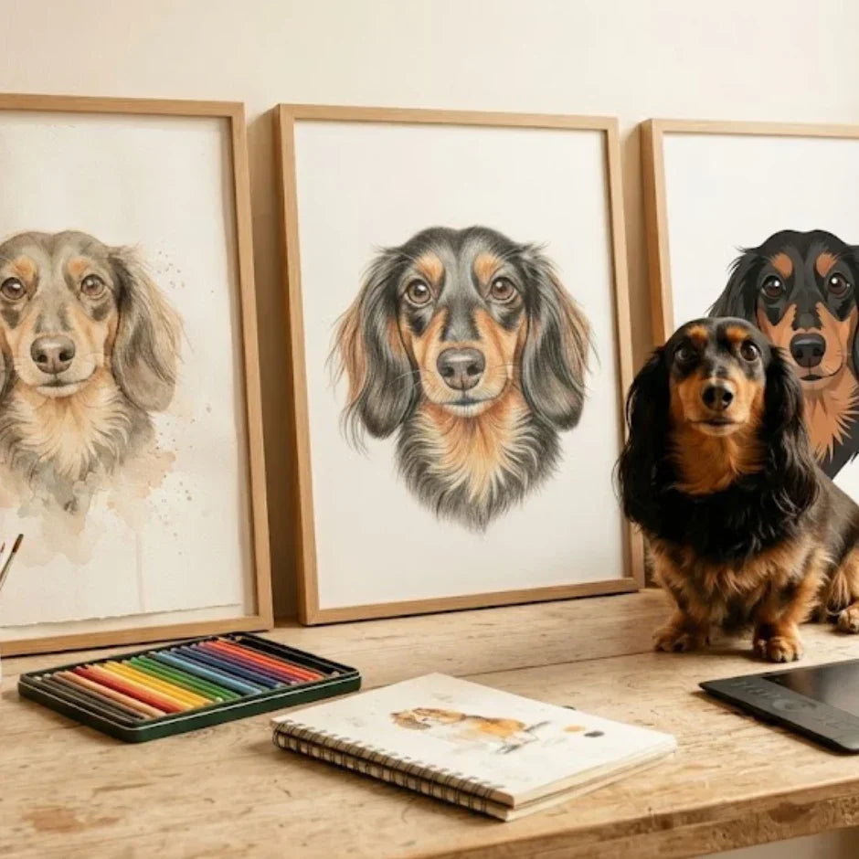 Watercolor vs pencil vs modern pet portraits of the same dog