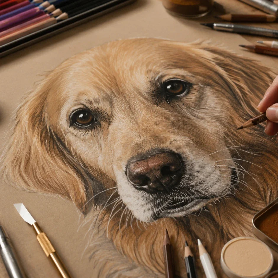 pet portrait drawing tools used for a realistic colored pencil animal portrait