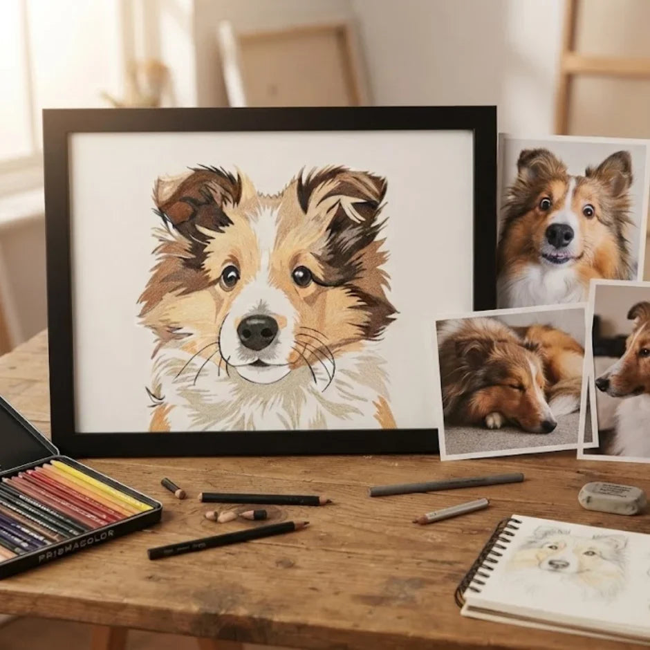 Hand-drawn pet portrait capturing a dog's likeness and personality