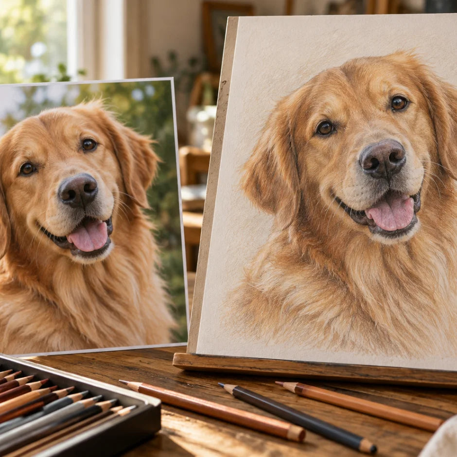 hand-drawn pet portrait capturing a dog's personality from a reference photo