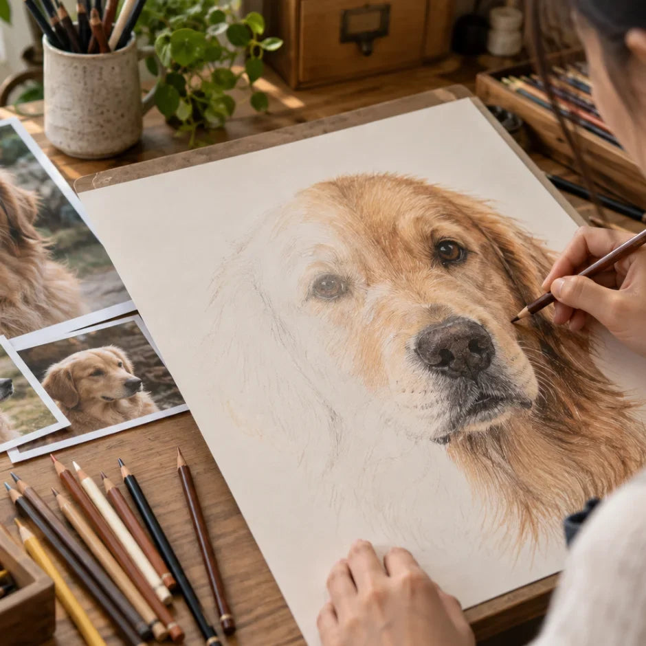 hand-drawn pet portrait in progress by a colored pencil artist
