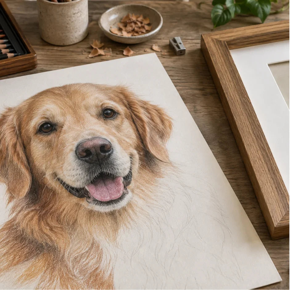 unfinished pet portrait before framing