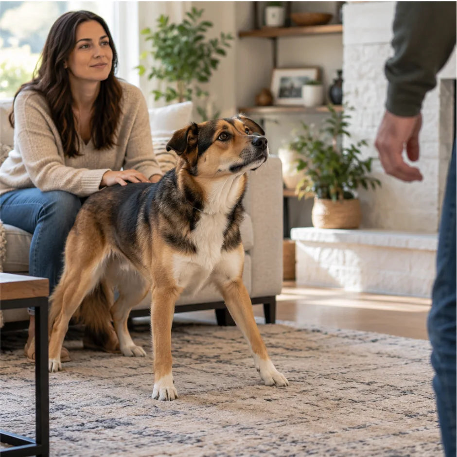 dog showing protective behavior around its owner