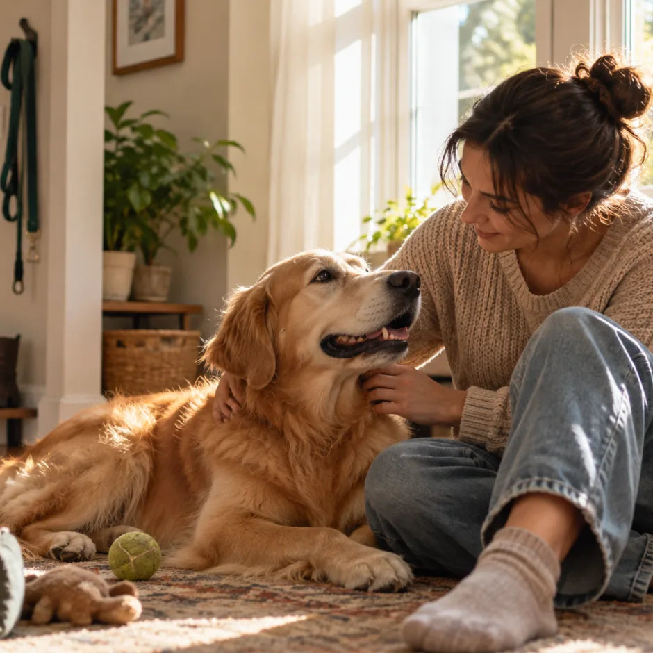 Everyday pet photo capturing a familiar moment between a dog and owner