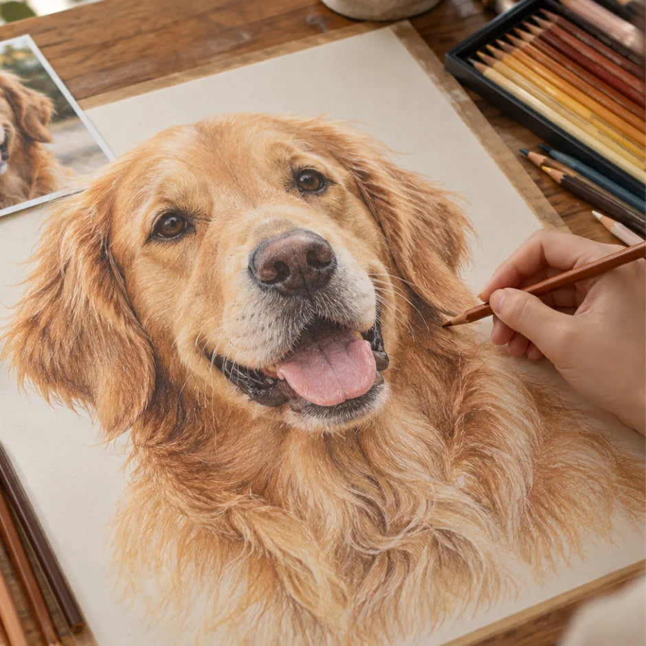 Artist creating a realistic coloured pencil pet portrait using oil-based and wax-based coloured pencils