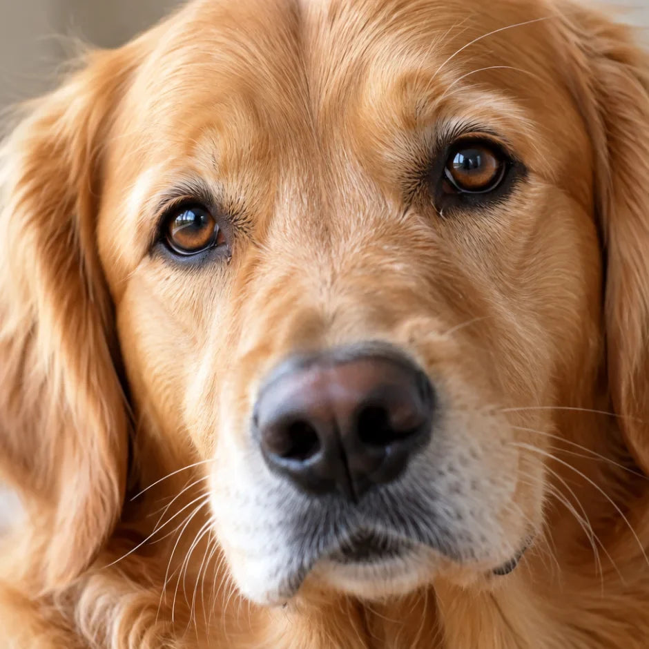 Golden retriever's expressive brown eyes showing the details that matter in a realistic pet portrait