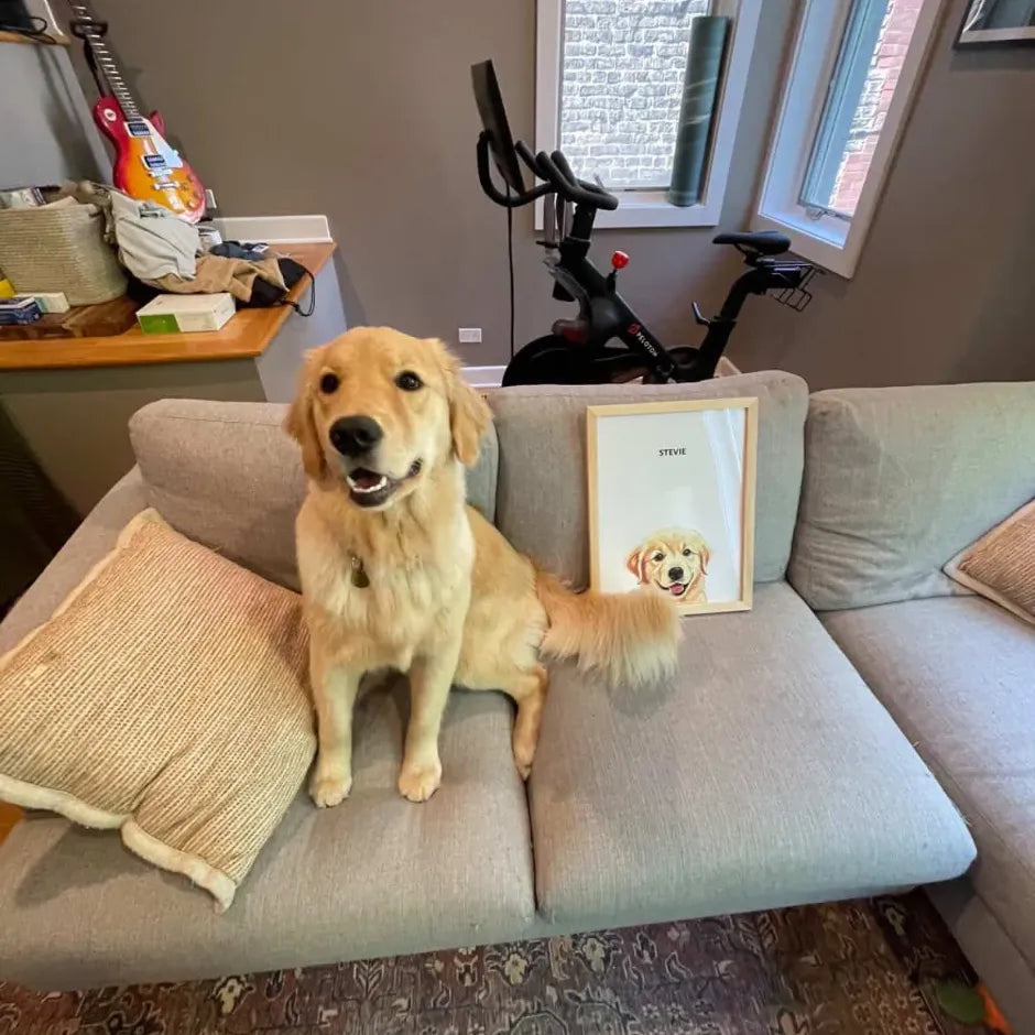 Hand-painted personalized pet memorial gifts displayed as a custom pet portrait in a family home