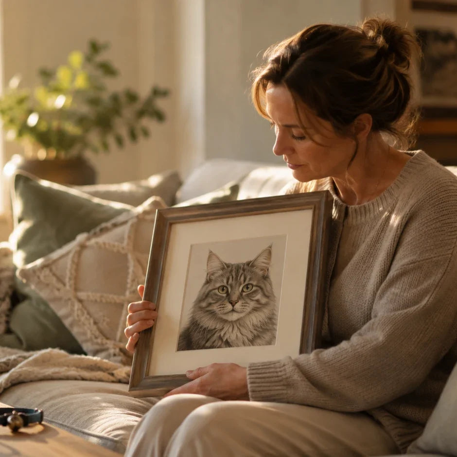 memorial gift ideas for someone who lost a cat featuring a hand-drawn cat portrait in a cozy home