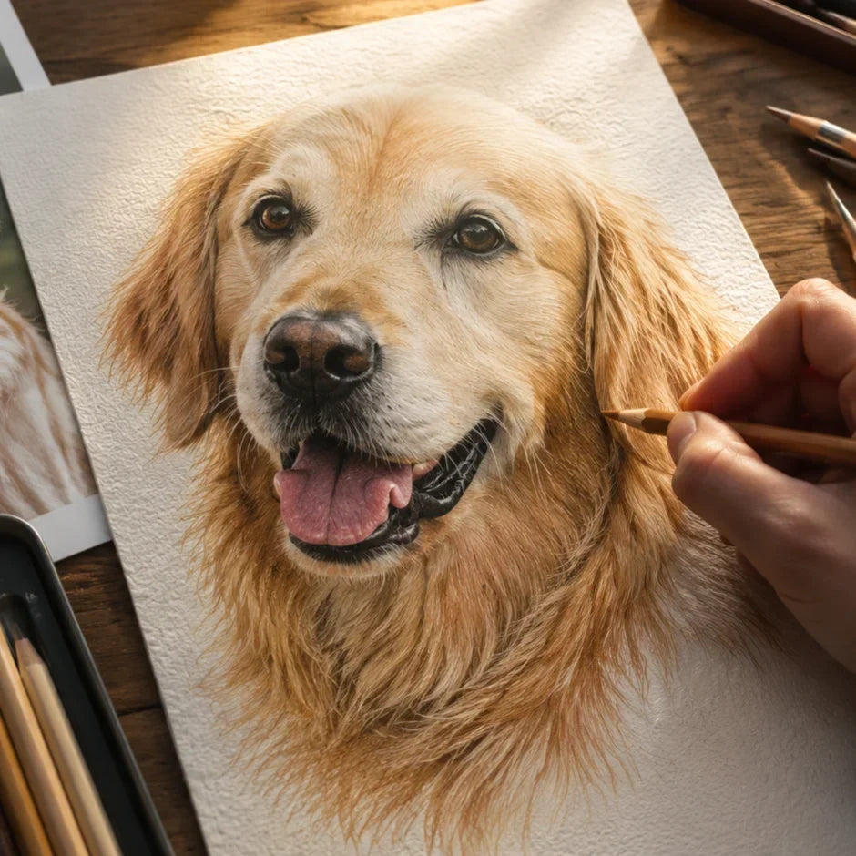 Hand-drawn colored pencil pet portrait artist creating realistic fur details from a reference photo