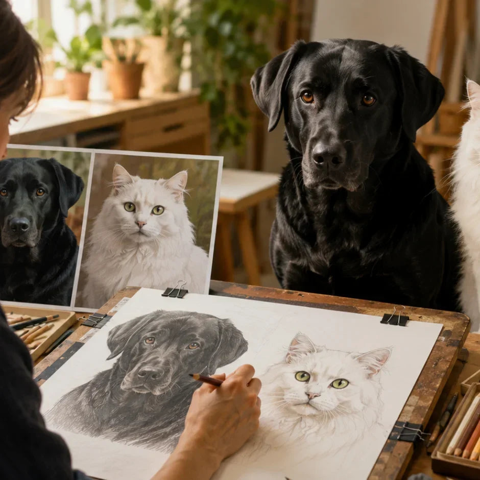 Hand-drawn colored pencil portrait of a pure black and white pet showing the challenges of realistic pet portrait artwork